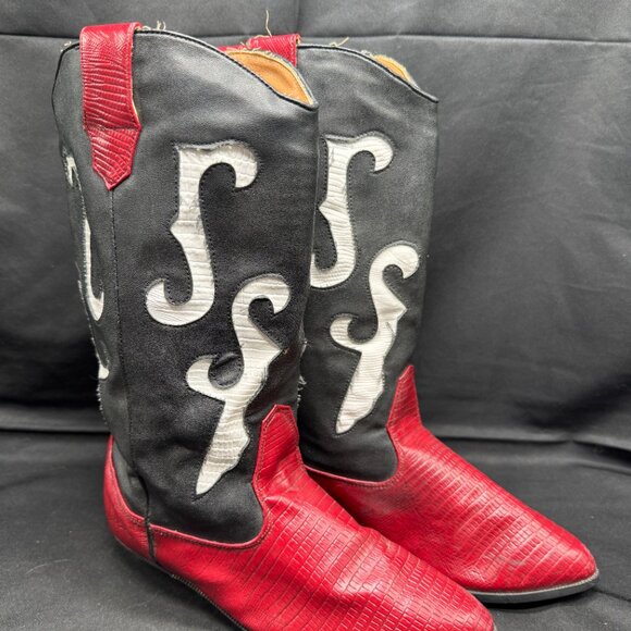 Vintage Faux Leather Red and Black Western Cowgirl Boots Size 4M - Picture 2 of 8